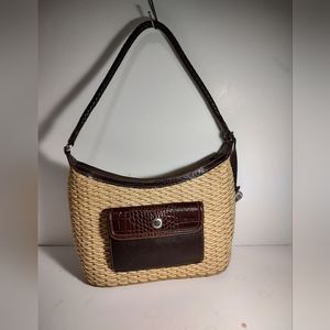 Brighton Woven Straw and Brown Leather Shoulder Zipper Handbag Fully Lined